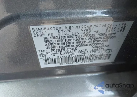 2020 Nissan Sentra S Xtronic Cvt z USA, uszkodzony, nr VIN 3N1AB8BV8LY294430